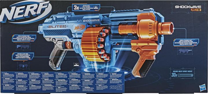 Actual product image Nerf Elite 2.0 Shockwave RD-15 Blaster, 30 Darts, 15-dart rotating drum, rapid fire, with E