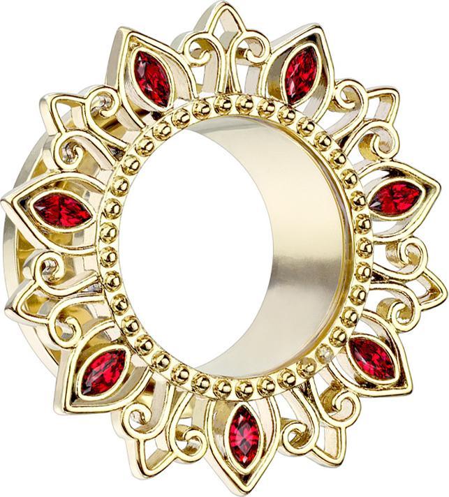 Image du produit Star Piercing Flesh Tunnel plaqué or fleur de lotus cristal rouge (Laiton, Acier chirurgical 316L)