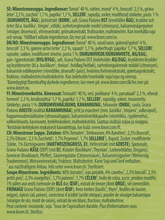 Valeurs nutritives et ingrédients Knorr Potage minestrone en sachet, soupe liquide avec tomates cultivées de manière durable, à réchauffer (570 ml)