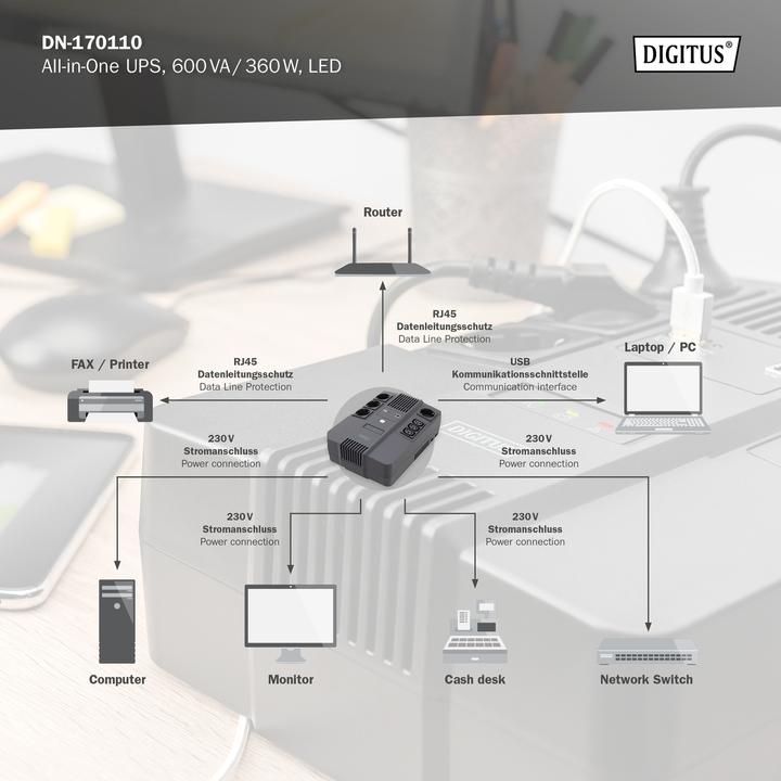 Produktbild Digitus All-in-One USV, 600VA/360W, LED x1, 4x CEE 7/7,3x IEC C13, USB (600 VA, 360 W, Line-Interaktiv USV)