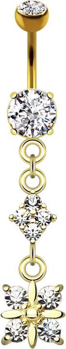 Produktbild Star Piercing Banane 14k vergoldet mit zwei Kugeln Kristall silber Anhänger Diamant vier Kristalle (Chirurgenstahl 316L, Messing)