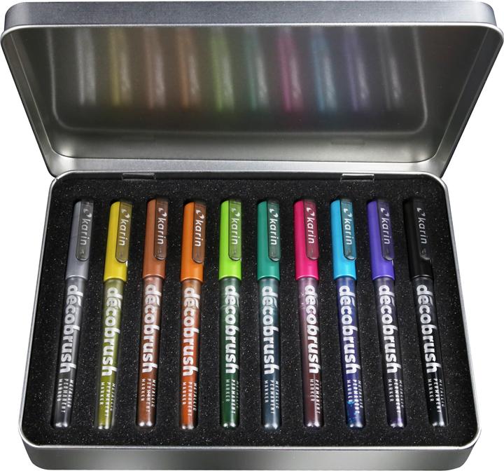 Actual product image Karin Brush Marker Pro Metall Box (Metallic Silver, Metallic Blue, Metallic Red Gold, Metallic Violet, Metallic Light Green, Metallic Black, Metallic Green, Metallic copper, Metallic Pink, Metallic Gold, 10 x)