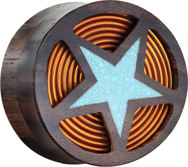 Star Piercing Flared Plug aus Sonoholz Wirbel aus Kupferdraht mit Stern Türkisglitter (Organisch, ohne Messing, Mineralisch)