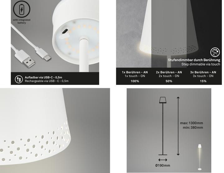 Immagine prodotto Briloner Lampada da terra LED a batteria, bianca, 1xmodulo LED/3.5W (400 lm)