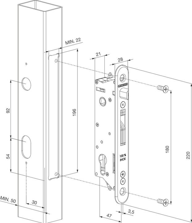 Actual product image Locinox Tubular frame lock Fiftylock with hook bolt, PZ 92,DM 30 mm,forend round,stainless steel (Door handle)