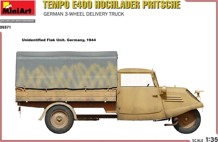 Image du produit Mini art Tempo E400 à plateau surbaissé. Camion de livraison allemand à 3 roues