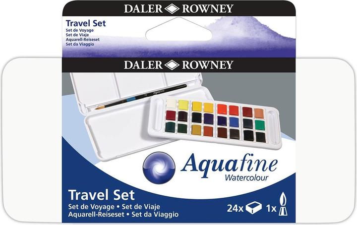 Produktbild Daler-Rowney Aquarellfarbe Aquafine New (Kadmiumgelb, alizarinkarmesin, Chromoxidgrün, Ultramarinblau dunkel, Blattgrün, Gummigut, Zitronengelb, Portraitrosa, Preussichblau, Kobaltviolett, Zinnober, Kobaltblau, Chinesischweiss, Kadmiumrot, Colin Blau, Hook. kleiner Aquarellpinsel, Purpurlack)