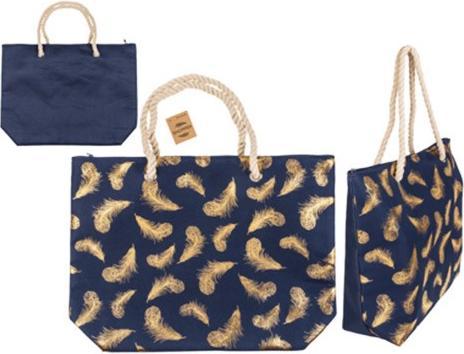 Image du produit Bekos Shopper bleu avec plumes dorées et poignées en cordon