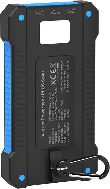 Actual product image Xlayer Powerbank PLUS Solar Black/Blue 8000mAh (8000 mAh, 5 W, 29.60 Wh)