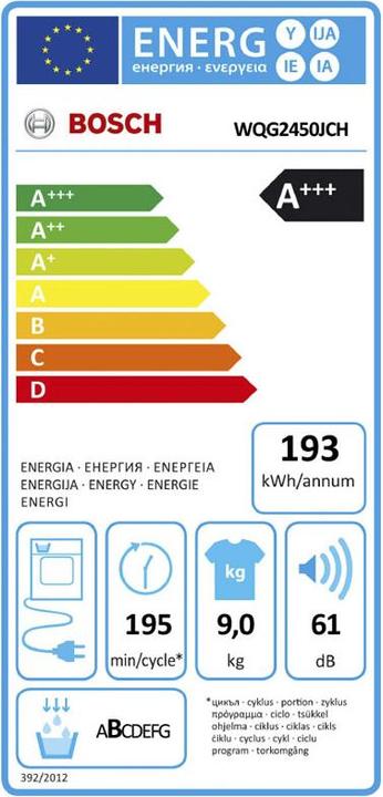 Label énergétique Bosch Hausgeräte WQG2450JCH & WGG244ZJCH Waschturm (9 kg, Droite)