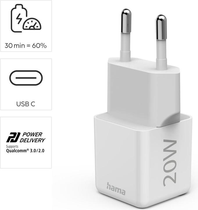 Produktbild Hama Schnellladegerät, USB-C, PD/Qualcomm®, Super-Mini-Charger, 20 W, Weiss (20 W)