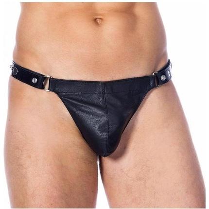Productafbeelding Rimba Bondage Play Leren Strip String Met Afneembare Voorkant - Zwart