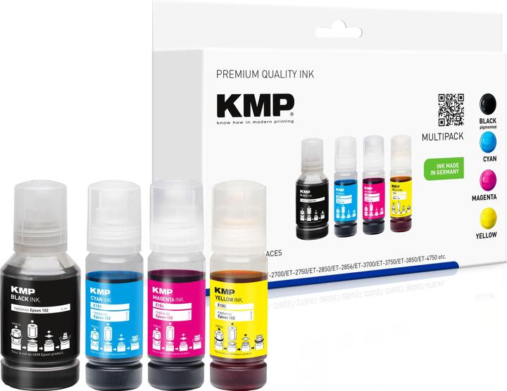 Actual product image KMP 4 black, cyan, magenta, yellow ink bottles compatible with EPSON 102 (T03R640) (M, FC, C)