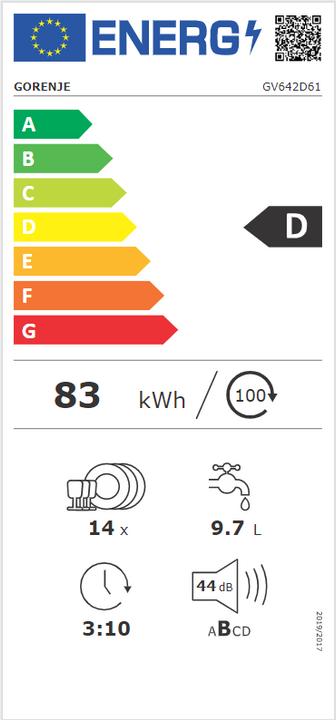 Label énergétique Gorenje GV 642 D61 Lave-vaisselle à encastrer