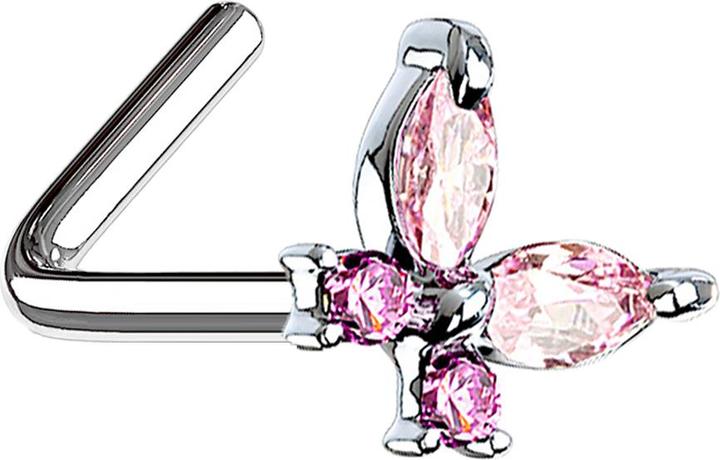 Produktbild Star Piercing Nasenstecker gewinkelt silber Schmetterling mit Kristallen pink (Chirurgenstahl 316L, Messing)