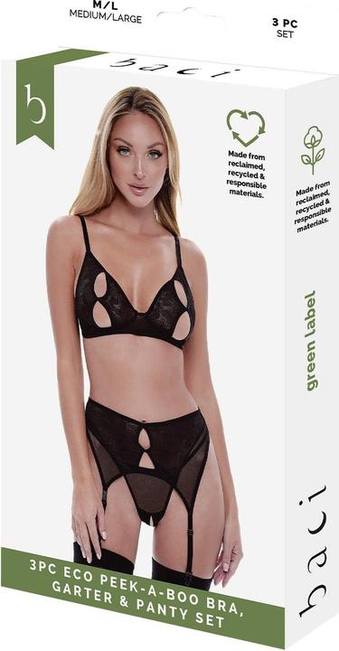 Produktbild Baci XGEN 3Pc Eco Peek-A-Boo Bra, Garter & Panty Set - Flirtatious Black Lace Lingerie Set - Size S/M (UK (S/M)