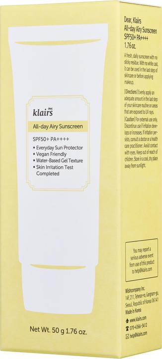 Image du produit Klairs All-day Airy Sunscreen (Crème solaire, SPF 50+, 50 ml)
