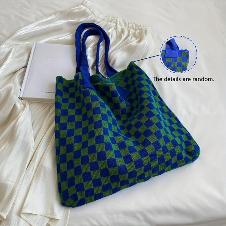 Produktbild Only-Bags.Store Kariert gestrickt Umhängetasche, Trendy Plaid Pattern Tote Bag, grosse Kapazität Handtasche für