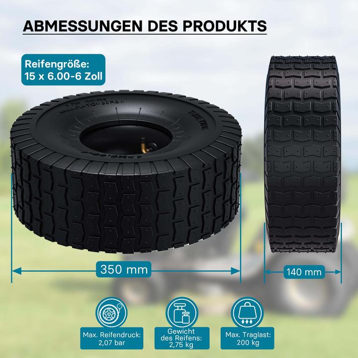 Image du produit Wiltec Pneu pour tracteur à pelouse 15x6.00-6 4pr avec chambre à air et valve coudée tondeuse à gazon