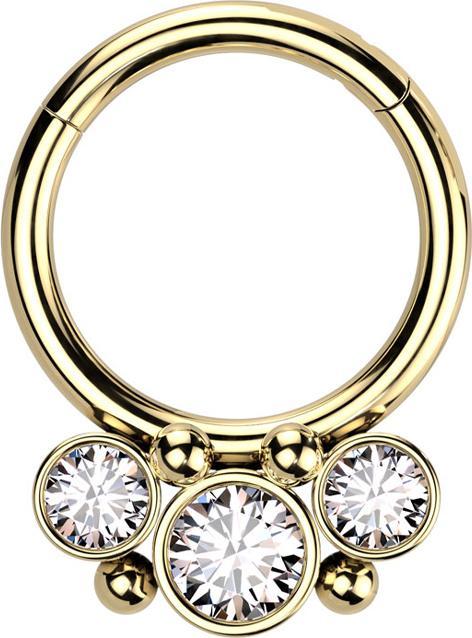 Star Piercing Micro Segmentring klappbar vergoldet vier Kugeln drei runde Kristalle silber (ohne Messing, Chirurgenstahl 316L)