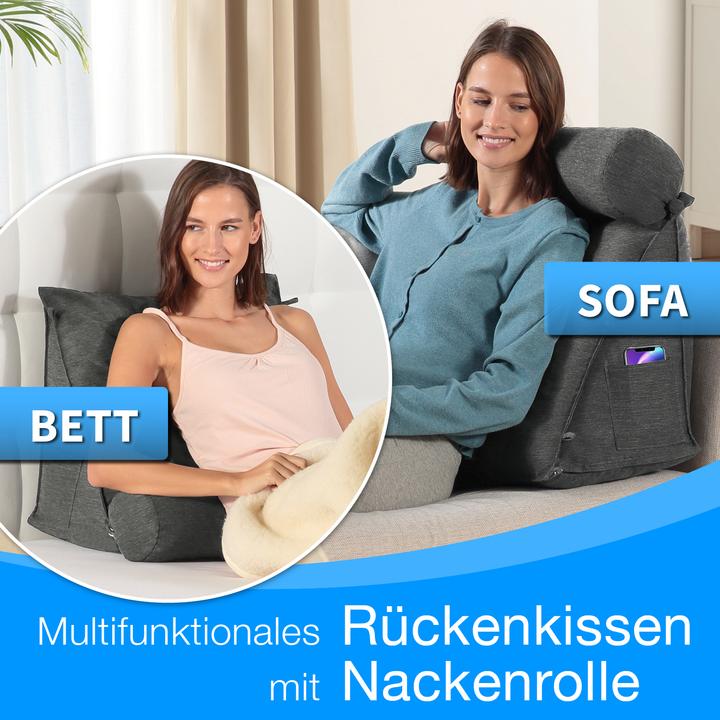 Image du produit Aktivshop Rückenkissen Bett/Sofa mit Abnehmbarer Nackenrolle und Seitentasche, Rückenstützkissen mit (55 x 50 x 30 cm)