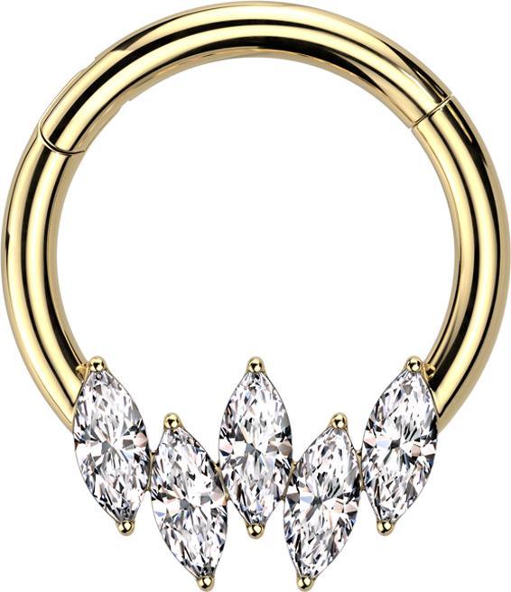 Produktbild Star Piercing Micro Segmentring klappbar vergoldet fünf Ovale Kristalle silber (ohne Messing, Chirurgenstahl 316L)