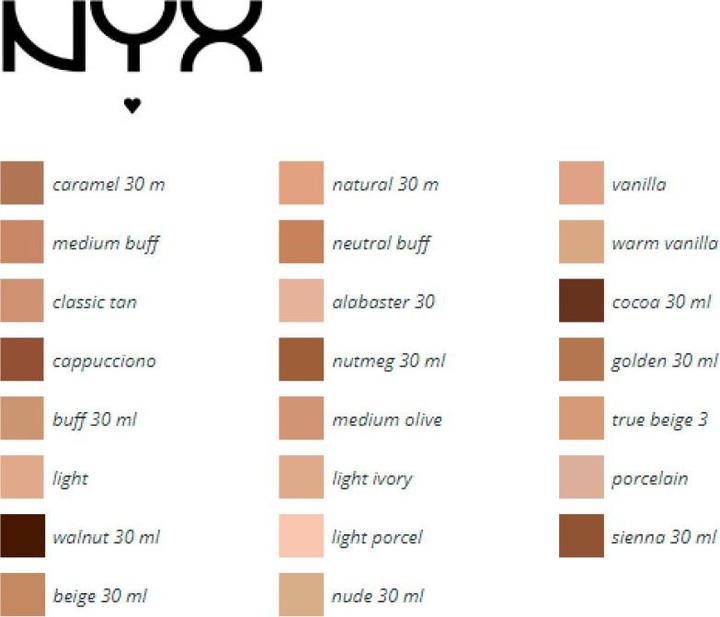 Valeurs nutritives et ingrédients NYX Professional Make-Up Full Coverage Foundation - Can't Stop Won't Stop (13 Or)