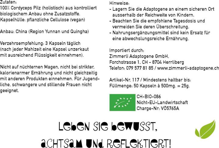 Nährwerte und Zutaten Zimmerli Adaptogene Cordyceps Kapseln (BIO) 50 Kapseln (1 Stück, Kapseln, 25 g)