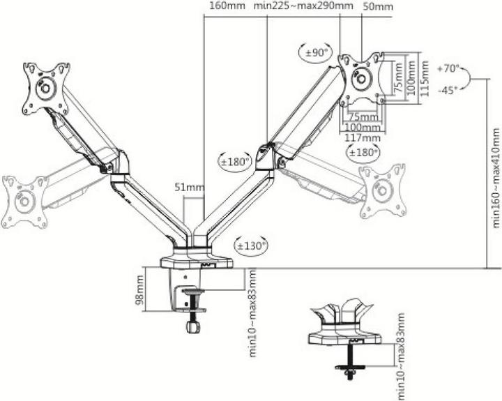Produktbild Techly Schreibtischhalterung für 2 LCD TV LED 43-81cm 17-32Zoll Klemme Gasfeder schwarz (Tisch, 32")