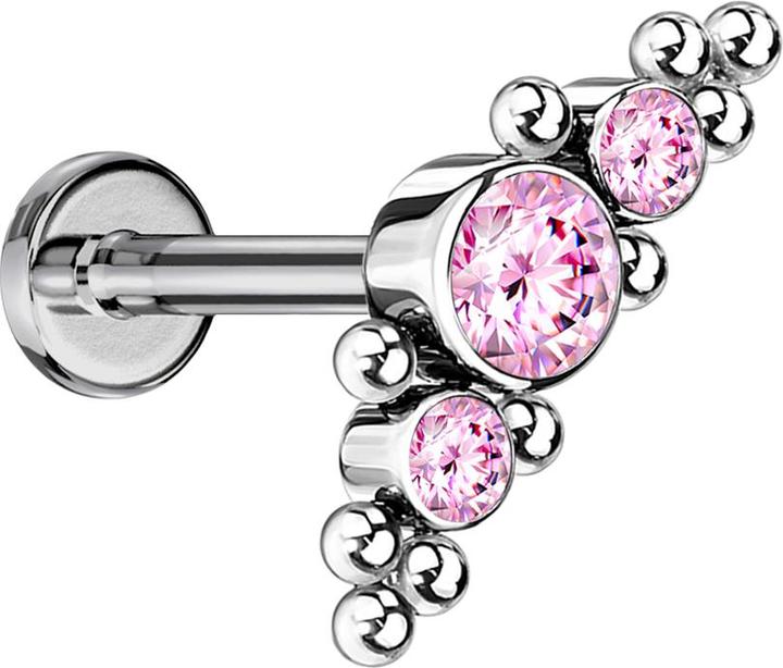 Produktbild Star Piercing Micro Threadless Labret silber mittig mit Kugeln und drei Kristalle pink (ohne Messing, Titan G23)