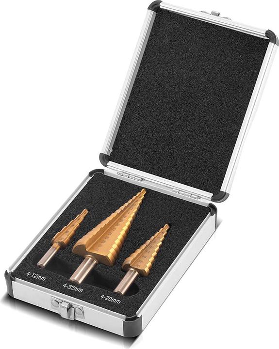 Stahlwerk Forets étagés HSS Set de 3 forets à revêtement TiN avec boîte aluminium (4-12mm, 4-20mm, Ø 4-32mm)