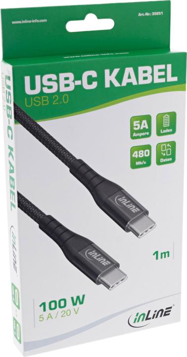 Image du produit InLine Câble USB 2.0, USB-C mâle/mâle Câble de charge rapide 100W, textile noir, 2m (2 m, USB 2.0)