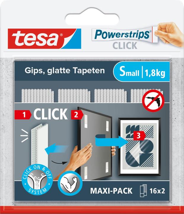 Actual product image tesa Powerstrips CLICK - Velcro adhesive pads - Hanging pictures without drilling - Small 1.8kg - 16 x 2 (20 mm)