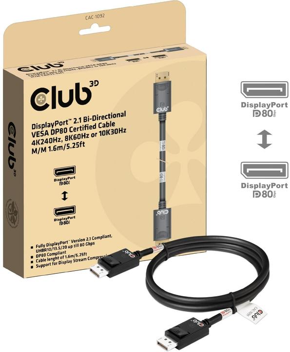 Image du produit Club 3D Club3D Câble DisplayPort 2.1 DP80 1,6m 10K/8K/4K St/St retail (1.60 m, DisplayPort)