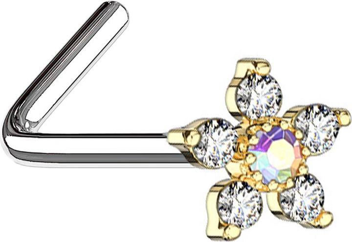 Produktbild Star Piercing Nasenstecker gewinkelt vergoldet Blume mit Kristall multicolor und silber (Chirurgenstahl 316L, Messing)