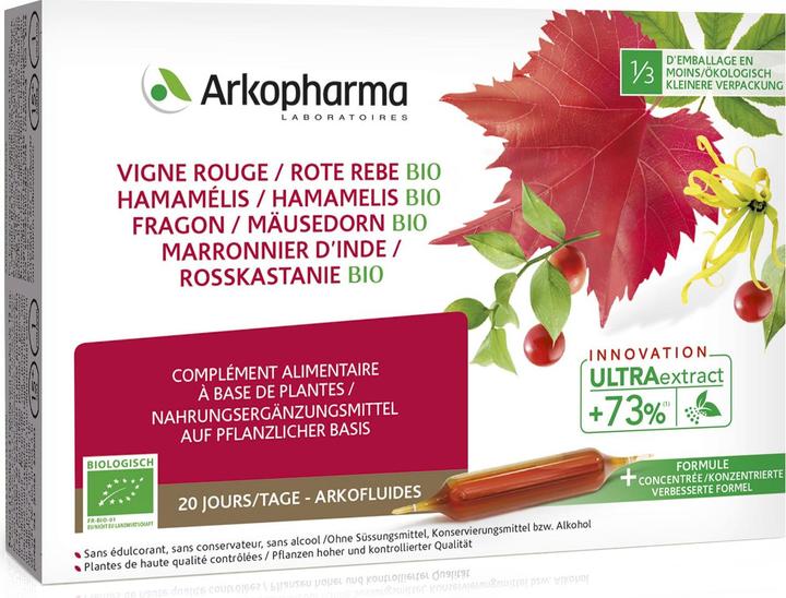 Actual product image Arkopharma Arkofluide Bio Rote Rebe Hamamelis Mäusedorn Rosskastanie (20 Piece, Ampoule, 367 g)
