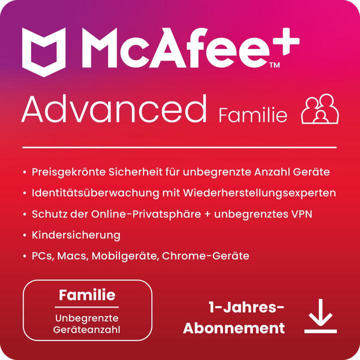 McAfee + Advanced - Familie (Unbegrenzte Anzahl von Geräten) (1 User, 1 Geräte/User, 12 Monate)