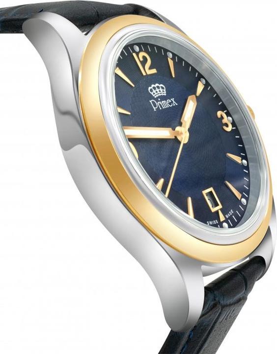 Produktbild Primex Montre Swiss Made - Bracelet Cuir Bleu - Cadran Bicolore Bleu - Etanche 50 M (Analoguhr, 25 mm)