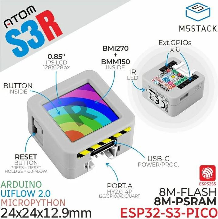 Immagine prodotto M5Stack AtomS3R dev kit con display a colori da 0,85 pollici e 8MB di PSRAM