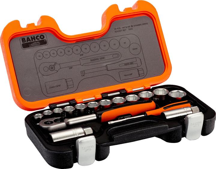 Immagine prodotto Bahco 1/4"- und 3/8"-Steckschlüssel-Satz, metrisch, Sechskant, inklusive Umschaltknarre - 34-teilig (3/8")