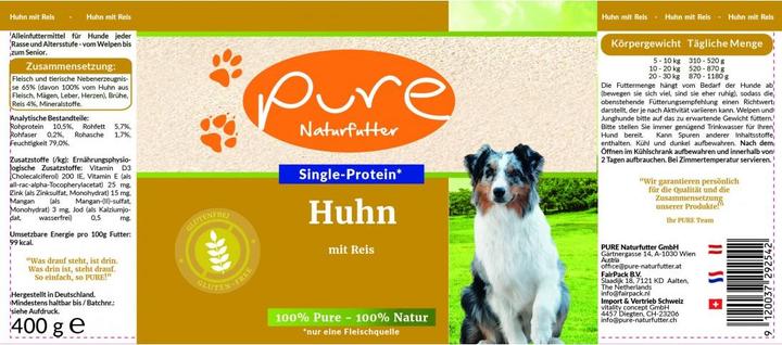 Nutritional values and ingredients Pure Naturfutter Dog menu chicken & rice (Adult, 1 pcs., 400 g)