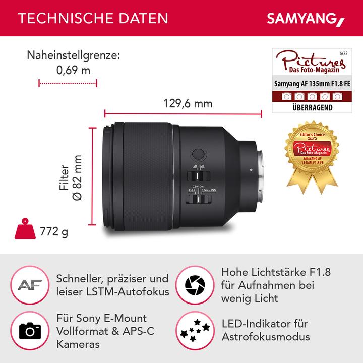 Produktbild Samyang AF 135mm f/1.8 Sony FE (Sony E, Vollformat)