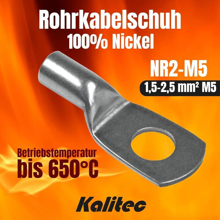 Actual product image Kalitec 10 pieces NR2-M5 tubular cable lug pure nickel 1.5-2.5mm² M5I for very high temperatures up to 6°C