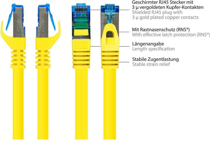 Produktbild Kabelmeister RNS® Patchkabel mit Rastnasenschutz, Cat. 6A, S/FTP, PiMF, halogenfrei, 500MHz, gelb, 50m (S/FTP, CAT6a, 50 m)