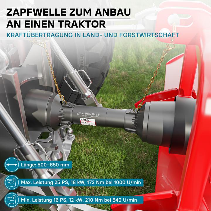 Actual product image Wiltec PTO Shaft T1 Drive Shaft 500-650mm 210Nm 540rpm, 18kW (25hp), 2x 1 3/8" 6 teeth Tractor Attachm (Tractor accessories)