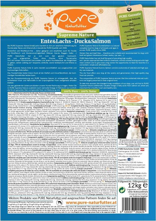 Nutritional values and ingredients Pure Naturfutter Dry food Supreme Duck & Salmon (Junior, Senior, Adult, 1 pcs., 12000 g)