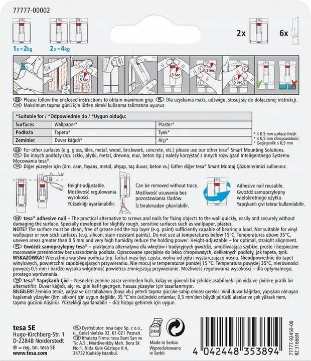 Produktbild tesa Klebenagel für Tapete & Putz, 2kg Halteleistung, höhenverstellbar