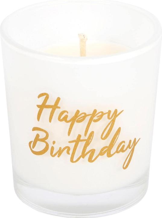 müller Kerzen Kerze im Glas «Happy Birthday» 6.5 x 5.5 cm, Gold/Weiss (1 Stk.)