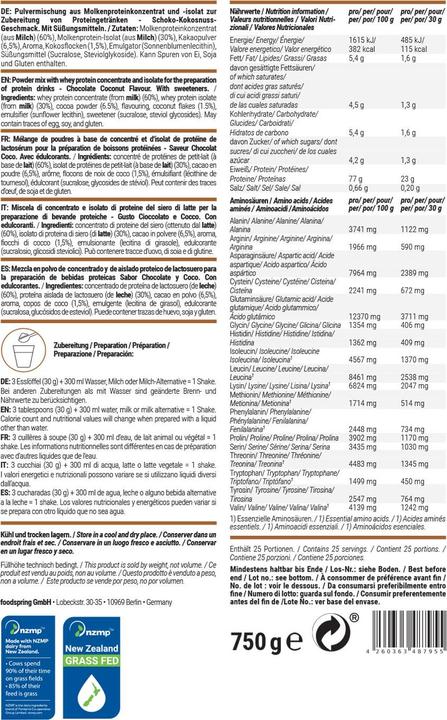 Nutritional values and ingredients Foodspring whey protein (Chocolate coconut, 1 pcs., 750 g)