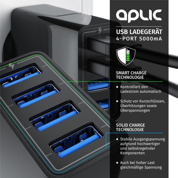 Actual product image Aplic USB charger 5000 mA, 4 port power supply for mobile, tablet and much more. 5000mA 2.4A max. per (25 W)
